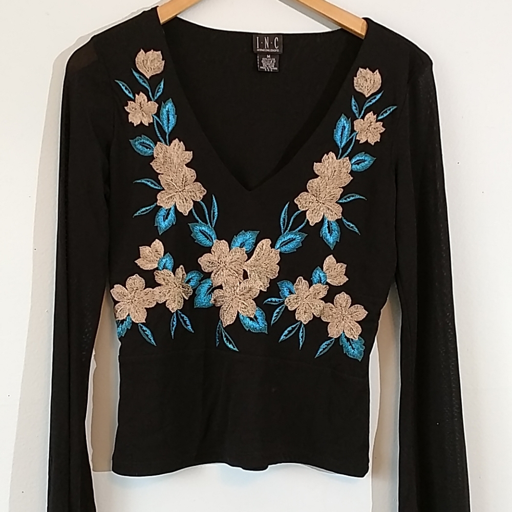 Vintage Embroidered Deep V Neck Top